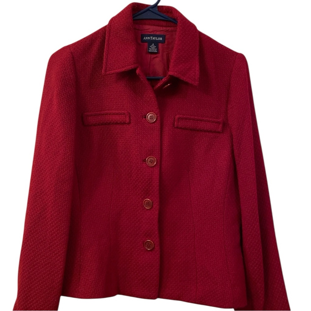 Ann Taylor Blazer Jacket Ruby Red 100% Wool Lined Button Up WM SZ 4 Holiday Coat